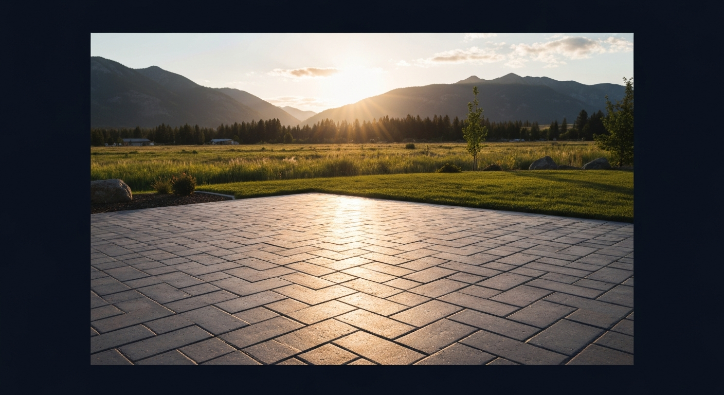 Sealed paver patio at golden hour in Northwest Montana, perfect for dark navy overlay background