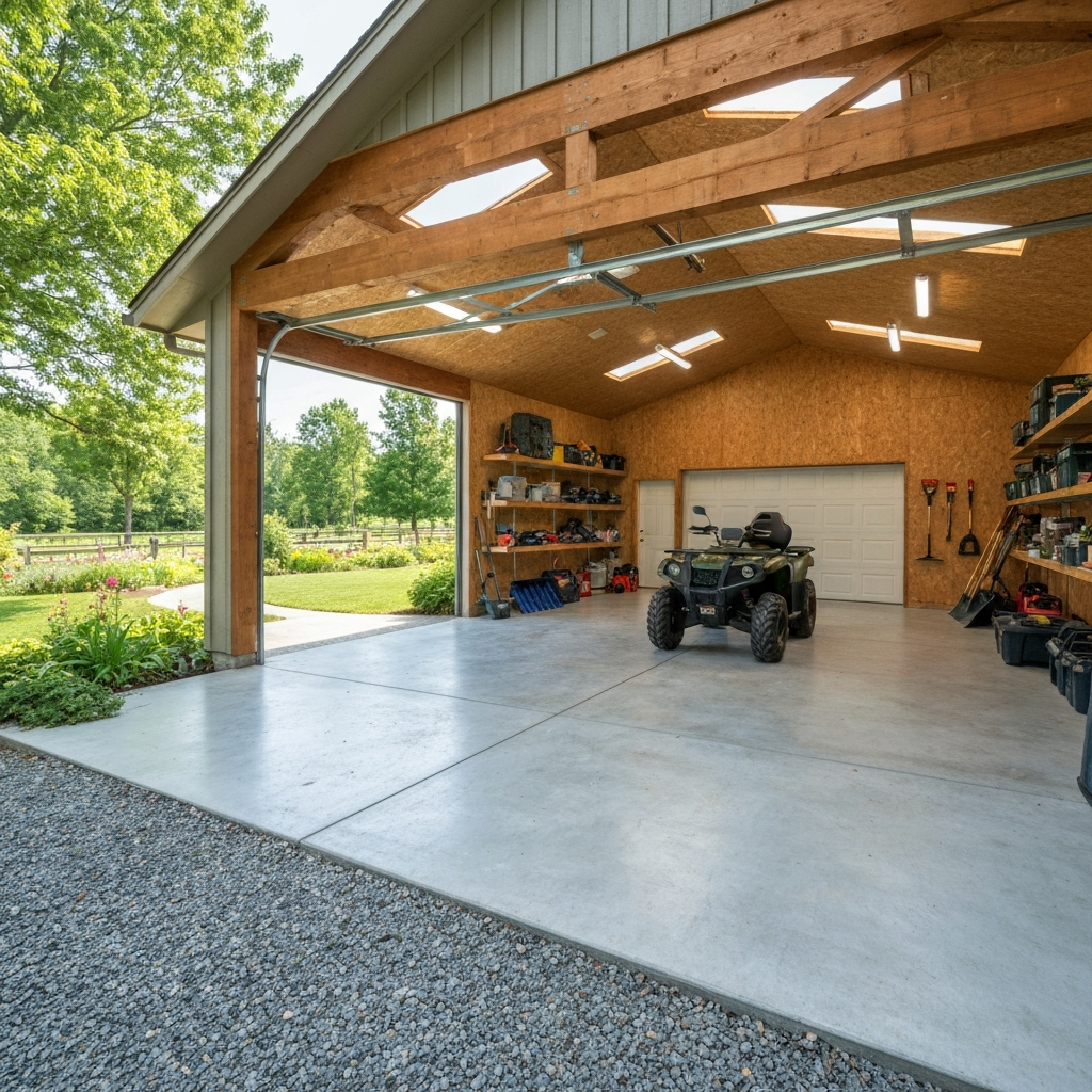 Kila acreage property homestead garage with clean coated floor, equipment and ATV stored inside
