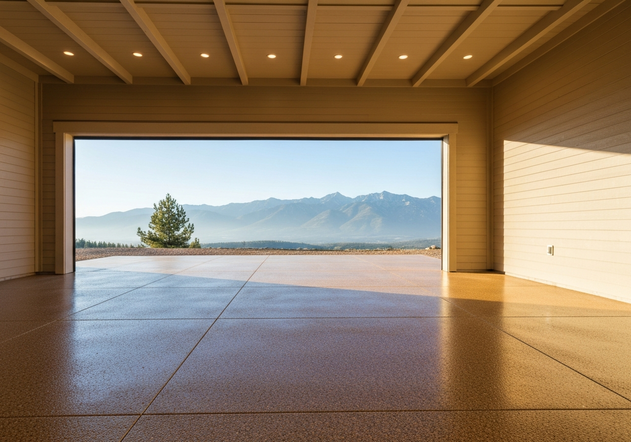 Finished residential double garage with a warm tan flake-coated floor and mountain view