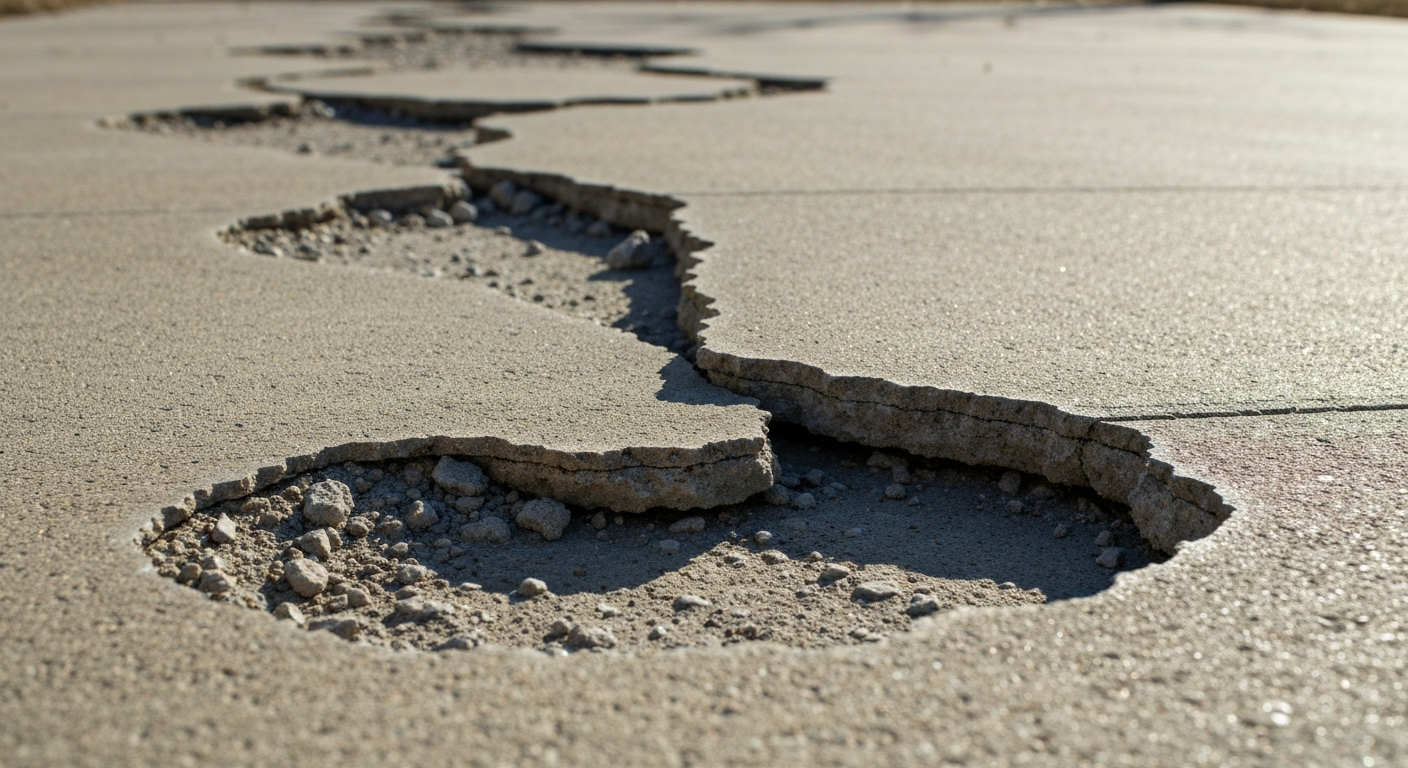 Close-up of a spalled, scaling concrete driveway after winter freeze-thaw damage