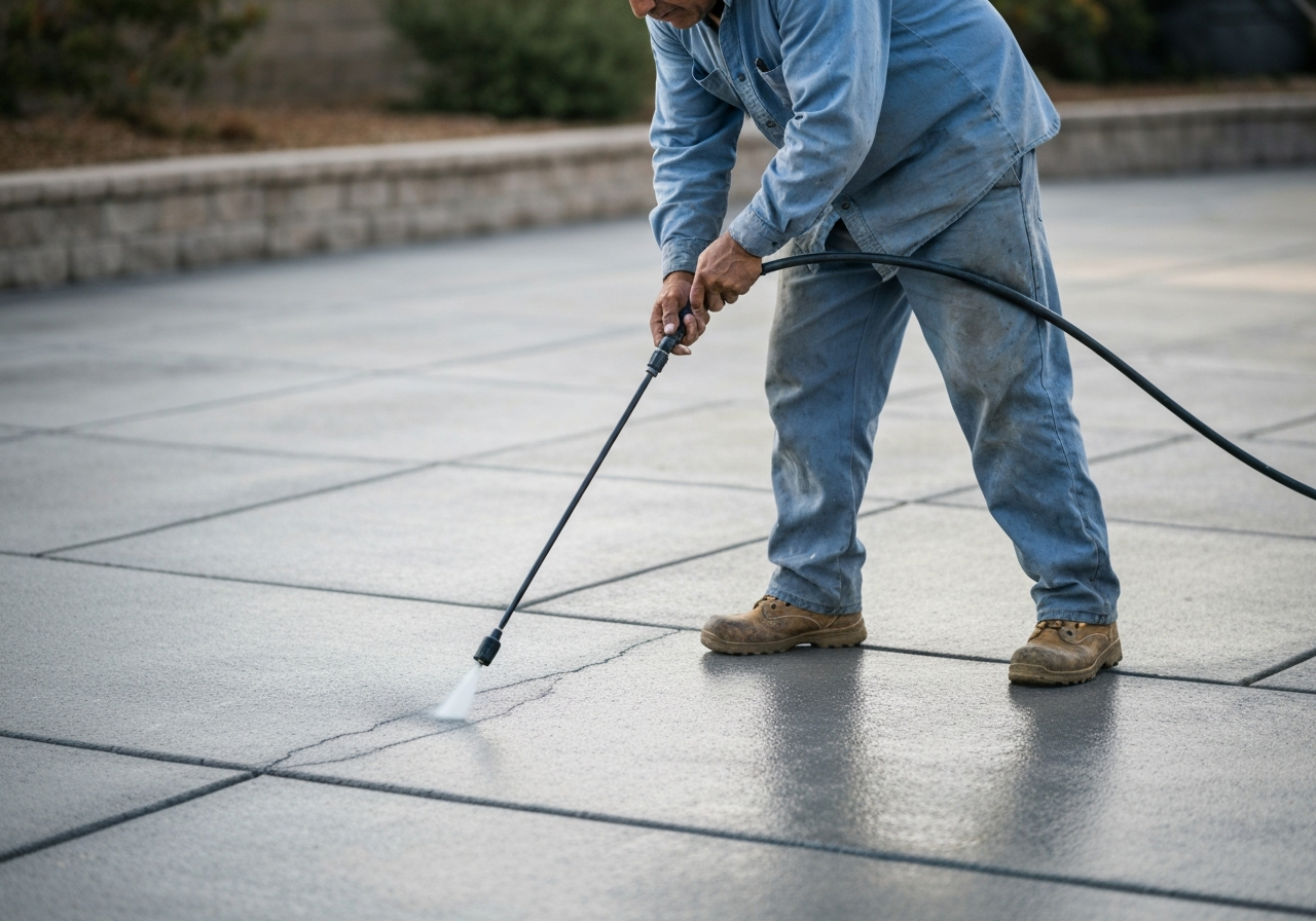 Technician applying penetrating sealer to a concrete patio with a sprayer