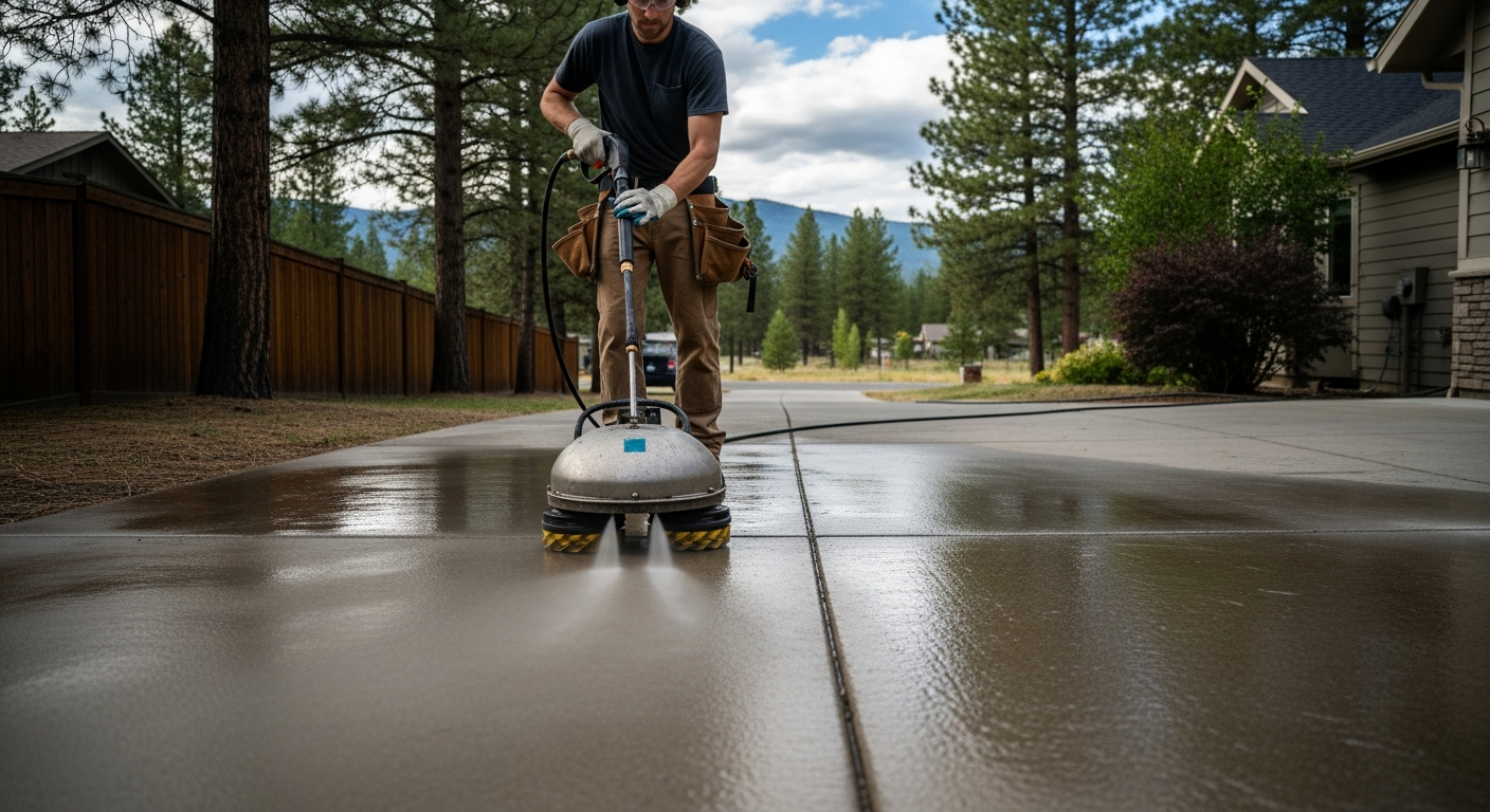 Photorealistic image of a technician using a surface-cleaner attachment to pressure wash a residential concrete driveway in Northwest Montana