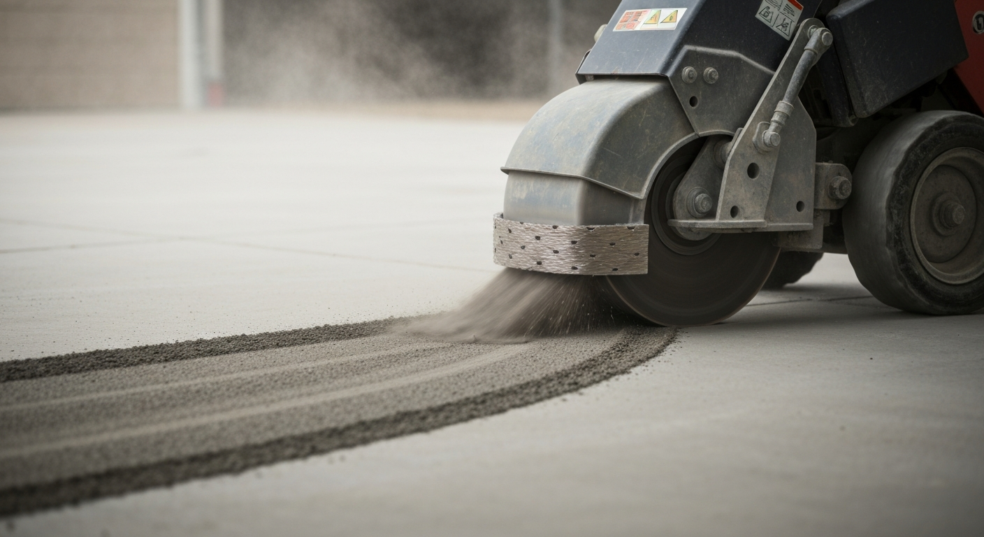 Industrial diamond grinder mid-pass on a garage slab with dust shroud