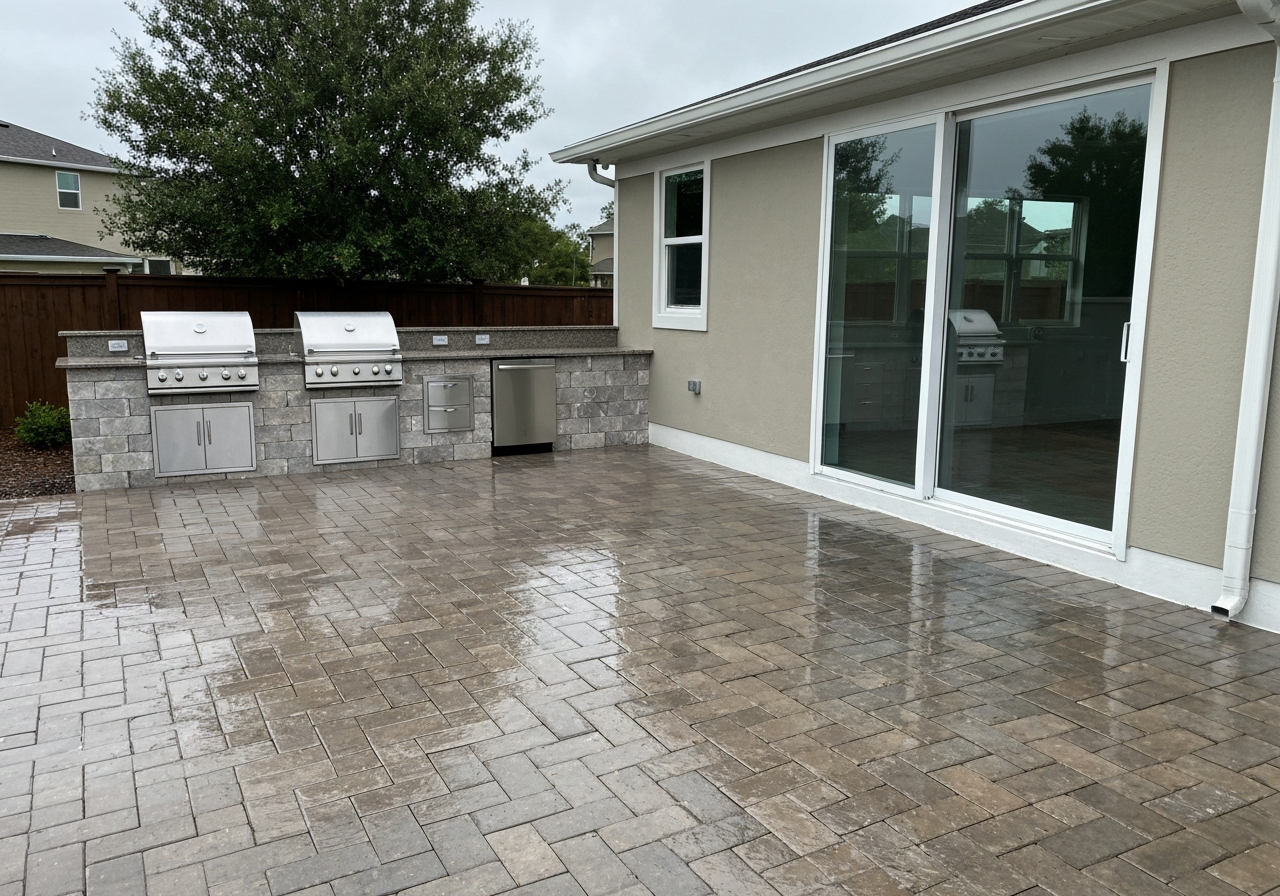 Wet-look sealed paver patio with outdoor kitchen
