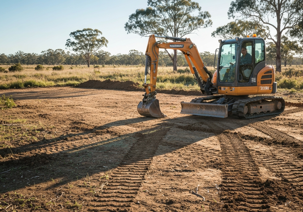 Compact excavator grading a rural lot