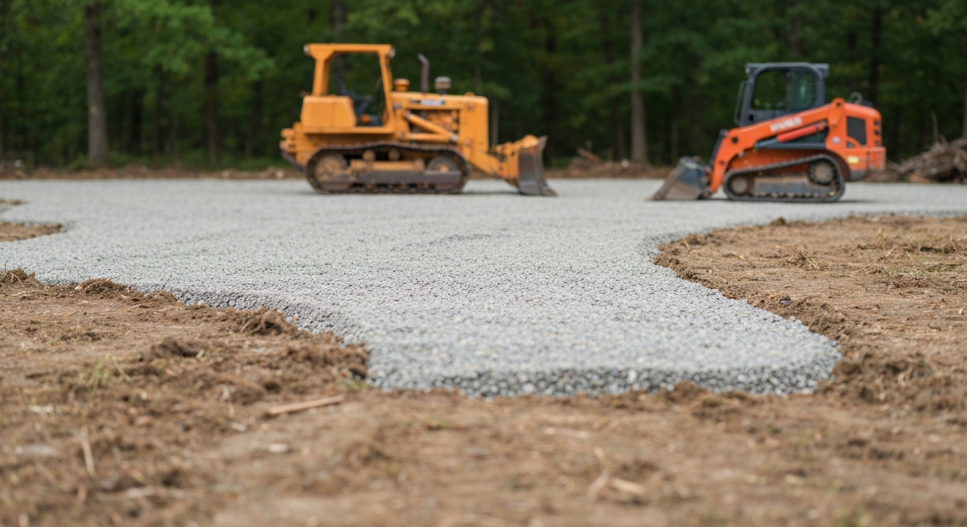 Rough-graded yard with debris cleared and gravel base shaped
