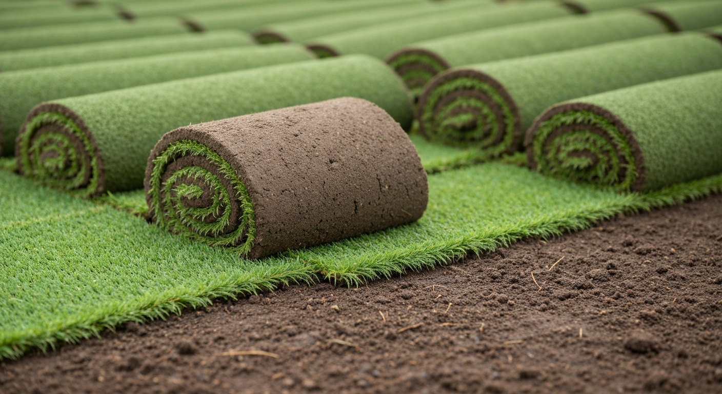 Freshly laid green sod rolls being seamed on prepped soil