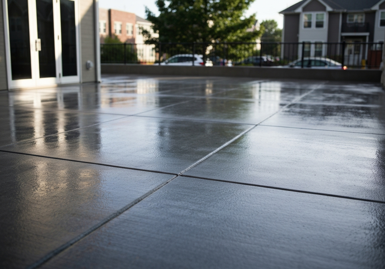 Sealed concrete patio with a subtle wet-look sheen after rain