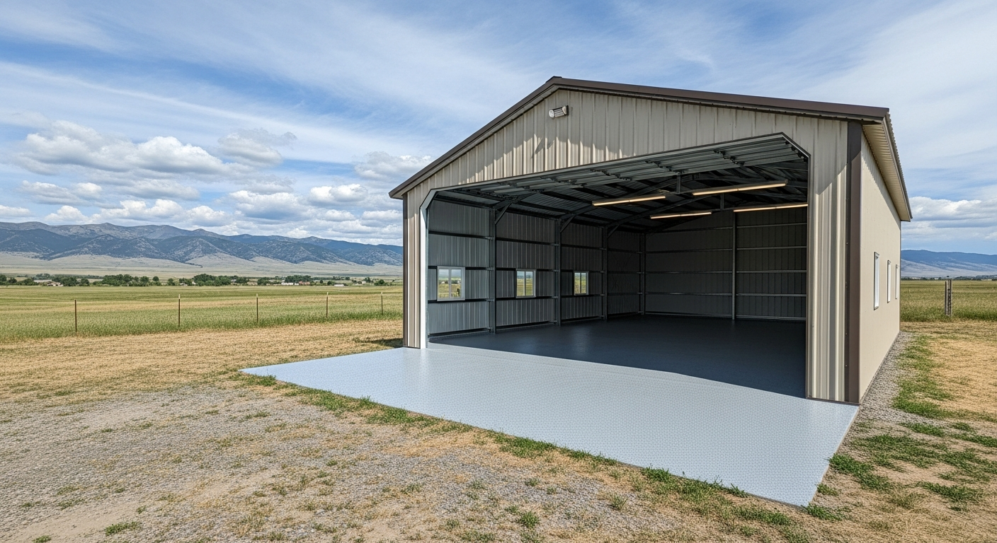 Photorealistic far-west Montana rural property -- a detached shop or pole barn with a freshly coated gray flake floor visible through the open door, acreage land and distant mountains under a big Montana sky