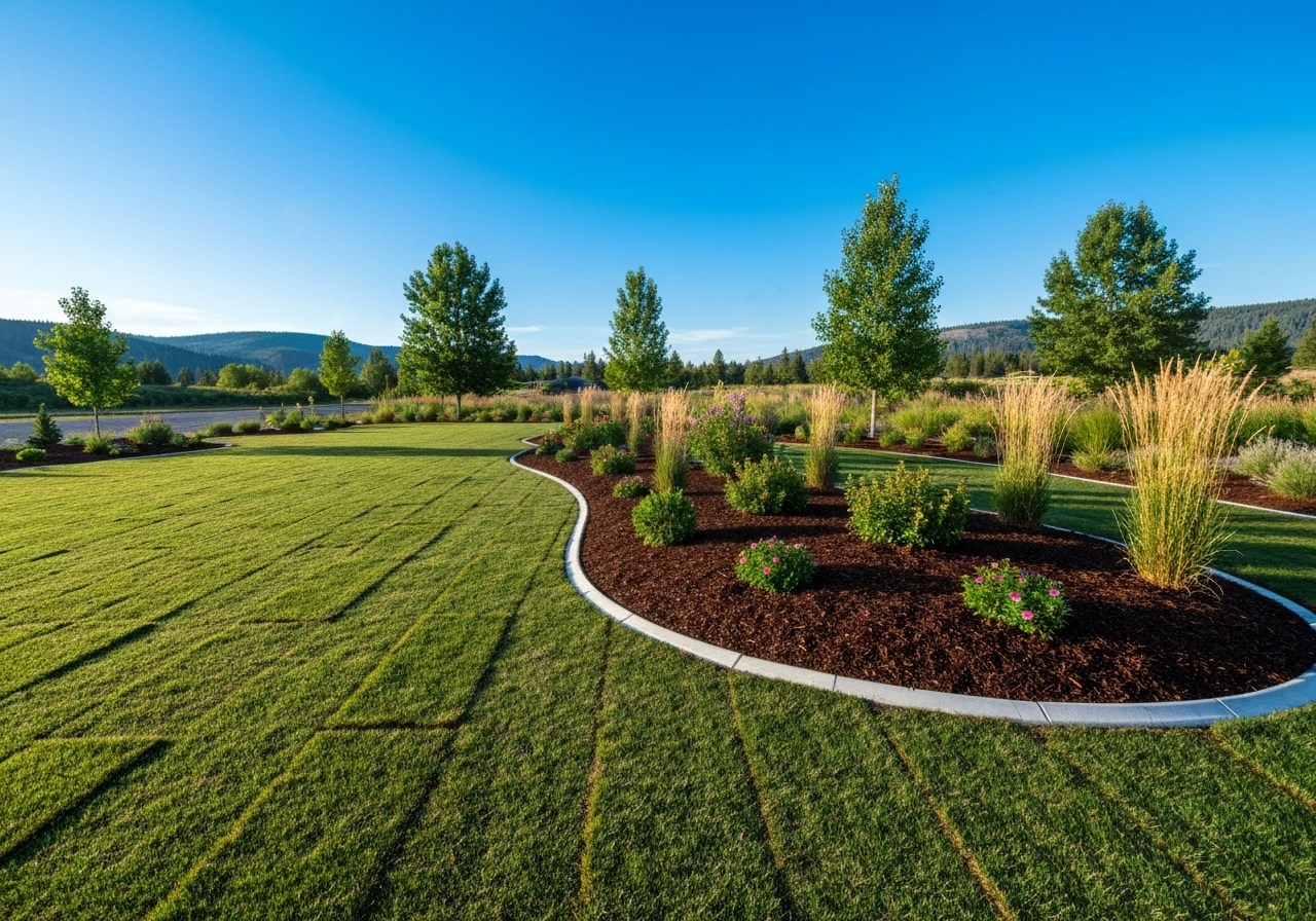 Finished residential yard with fresh sod, clean edging, and a tidy mulch bed, Flathead Valley setting