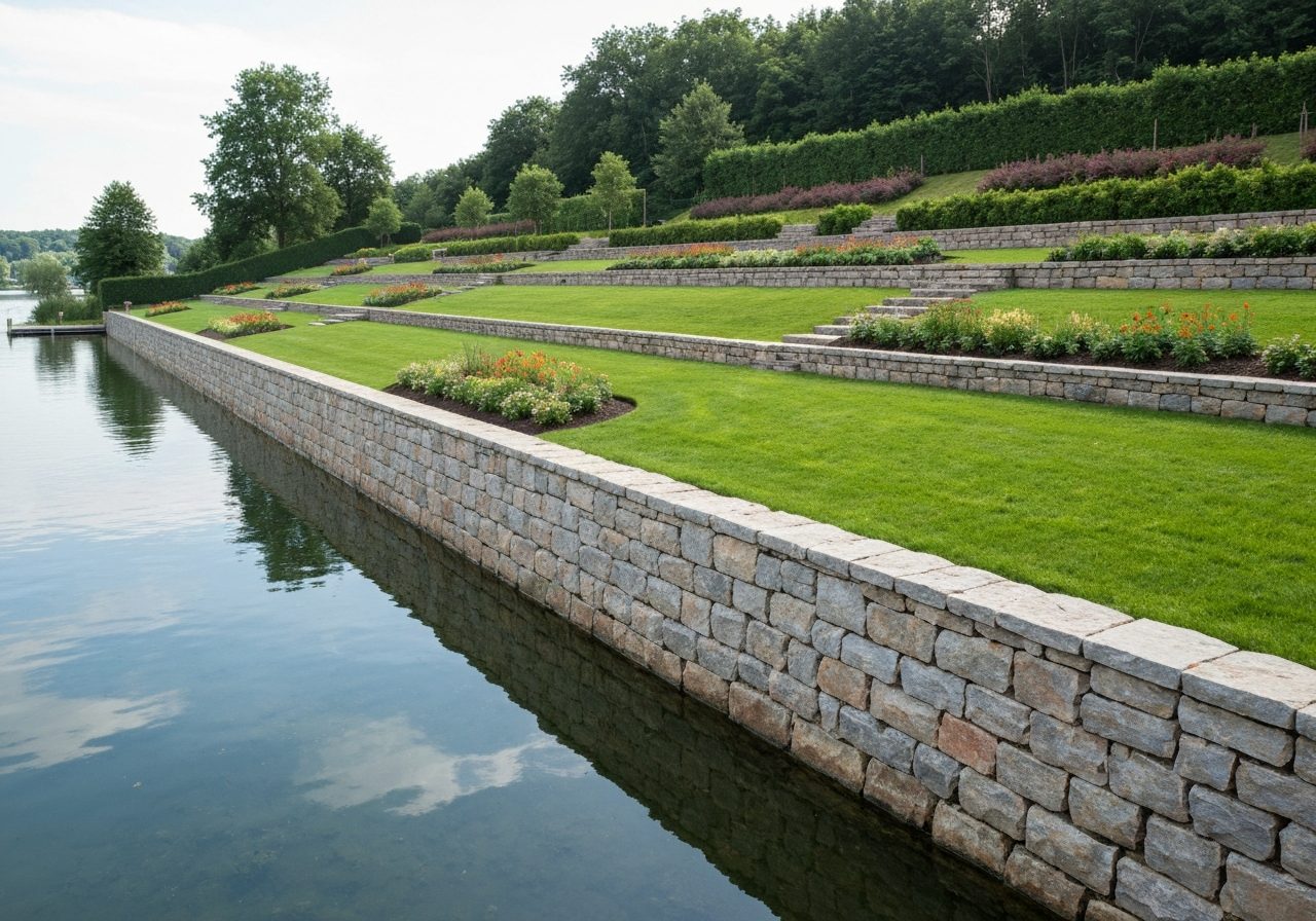Terraced lakeside yard with stone wall