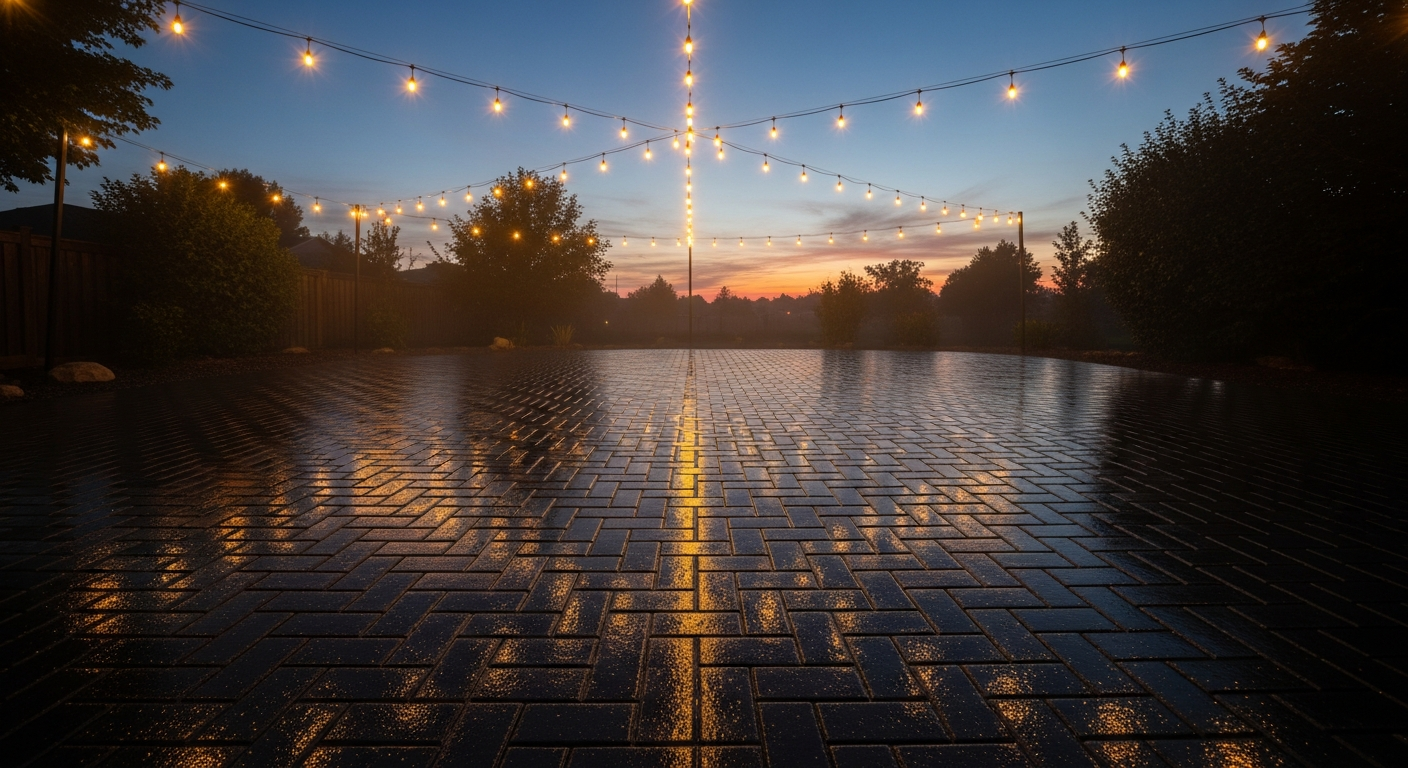 Freshly sealed paver patio at twilight
