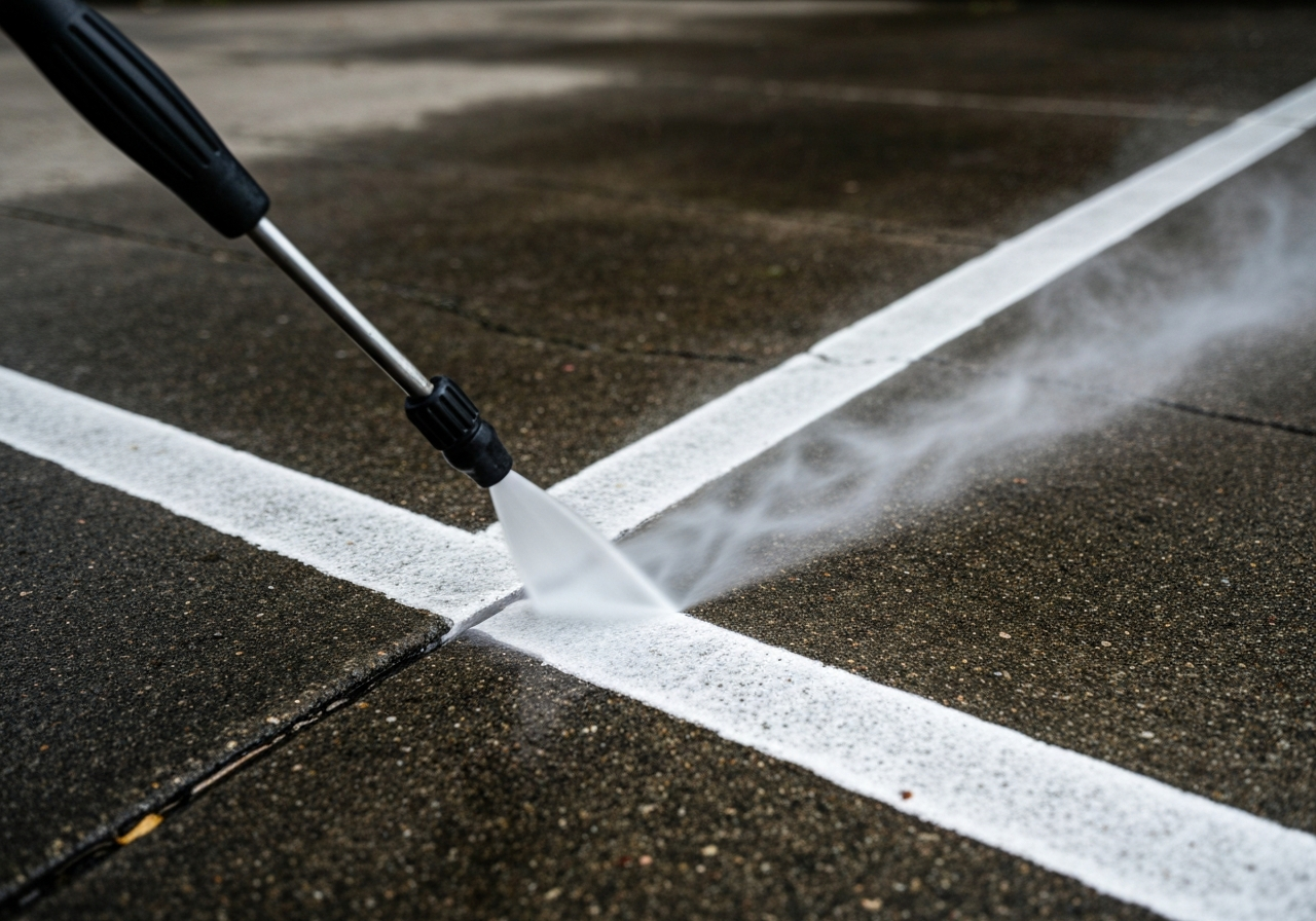 Pressure washer wand cutting a clean stripe across a grimy concrete walkway