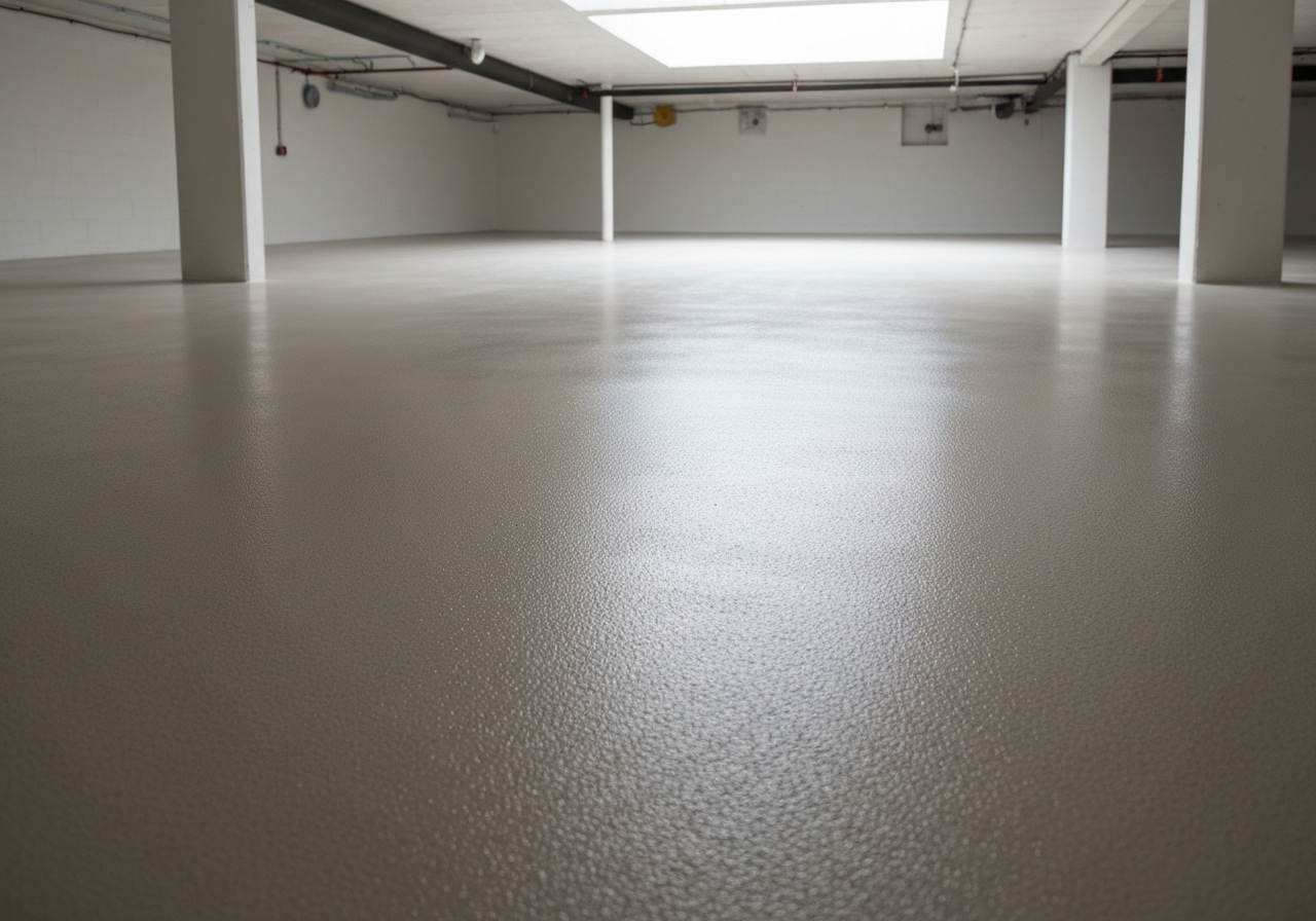 Wide flake-coated basement floor with even sheen