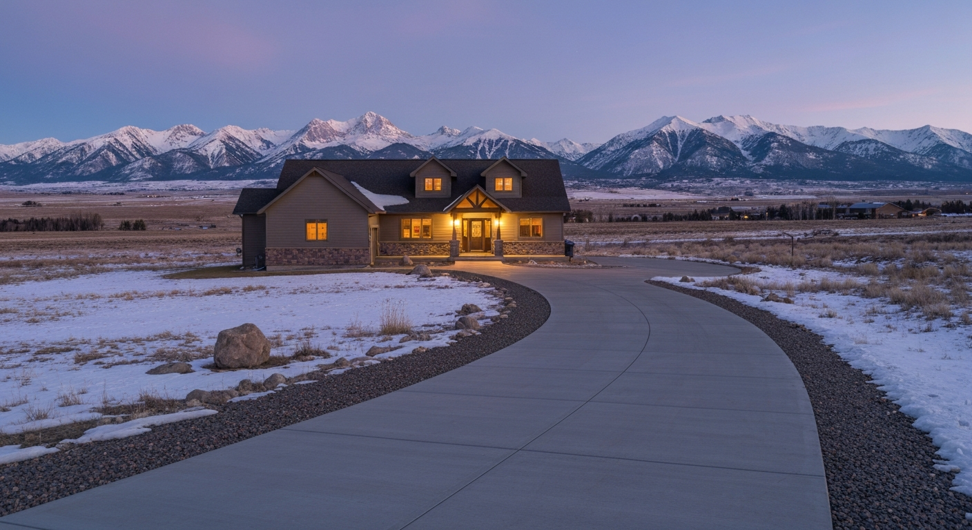 Dusk wide shot of a Montana home with a long, clean, freshly sealed concrete driveway