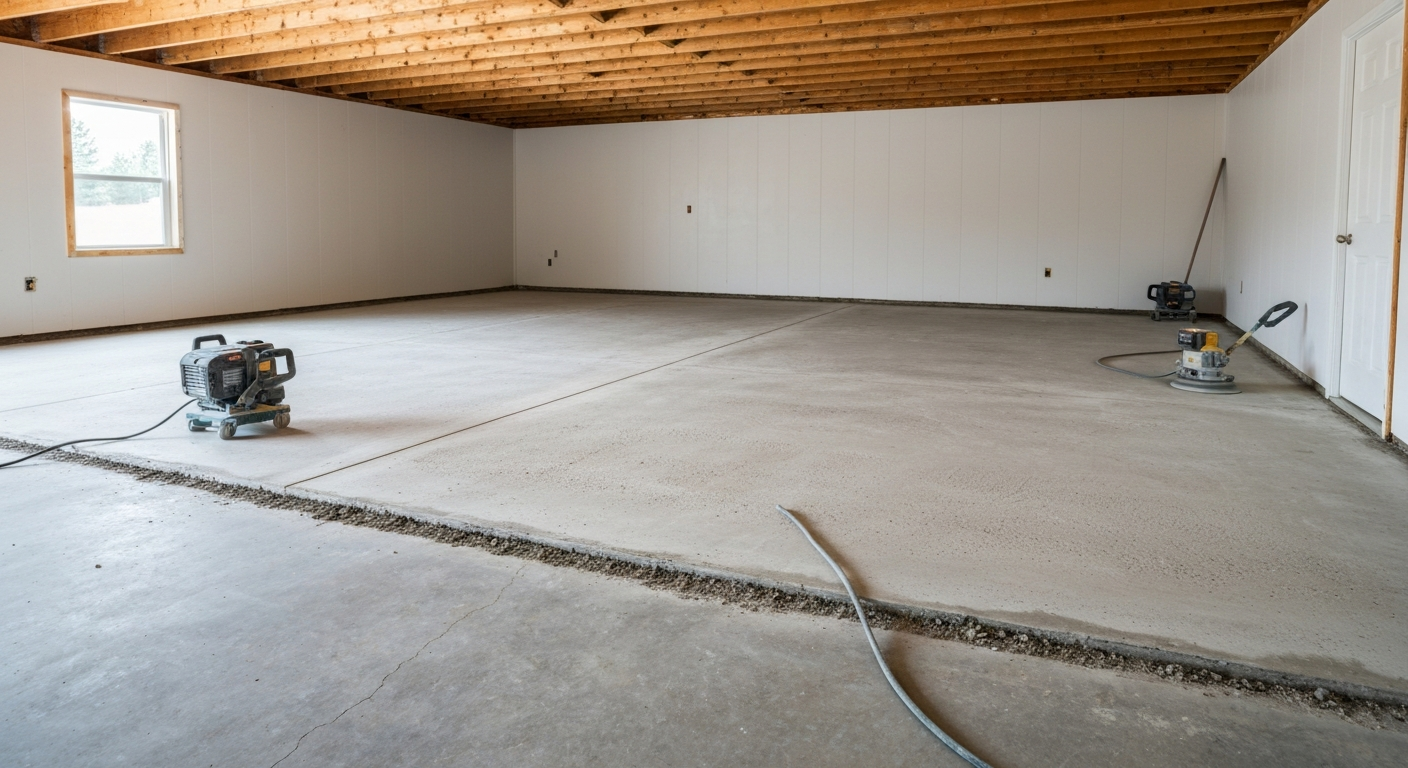Garage concrete slab being mechanically prepped and ground to a clean profile before coating