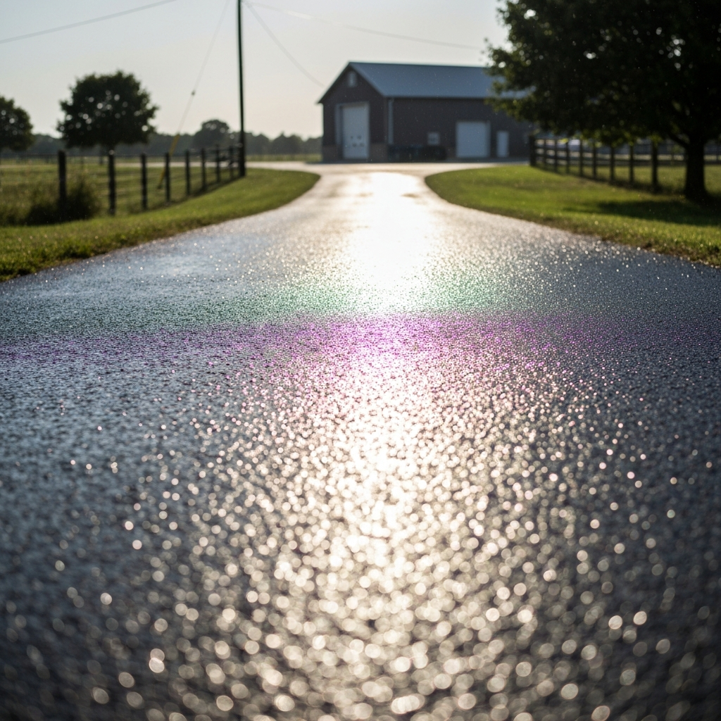 Sealed farm driveway apron glistening after rain