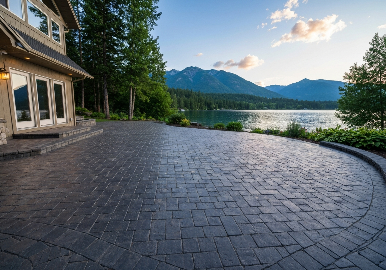 Sealed paver patio at a Polson lake-area property, Mission Mountains in the distance