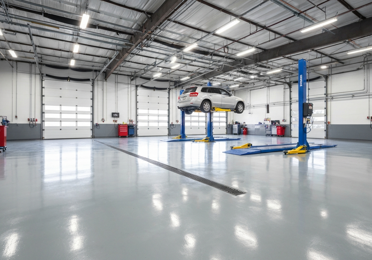 Distribution center floor with forklift path markings, coated