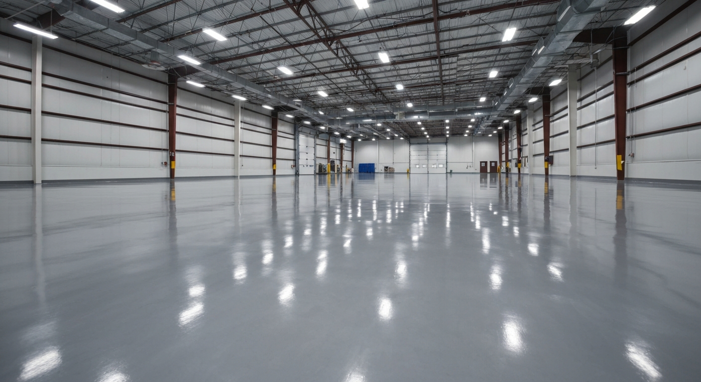 Wide glossy commercial coated floor in a Missoula facility, dramatic perspective