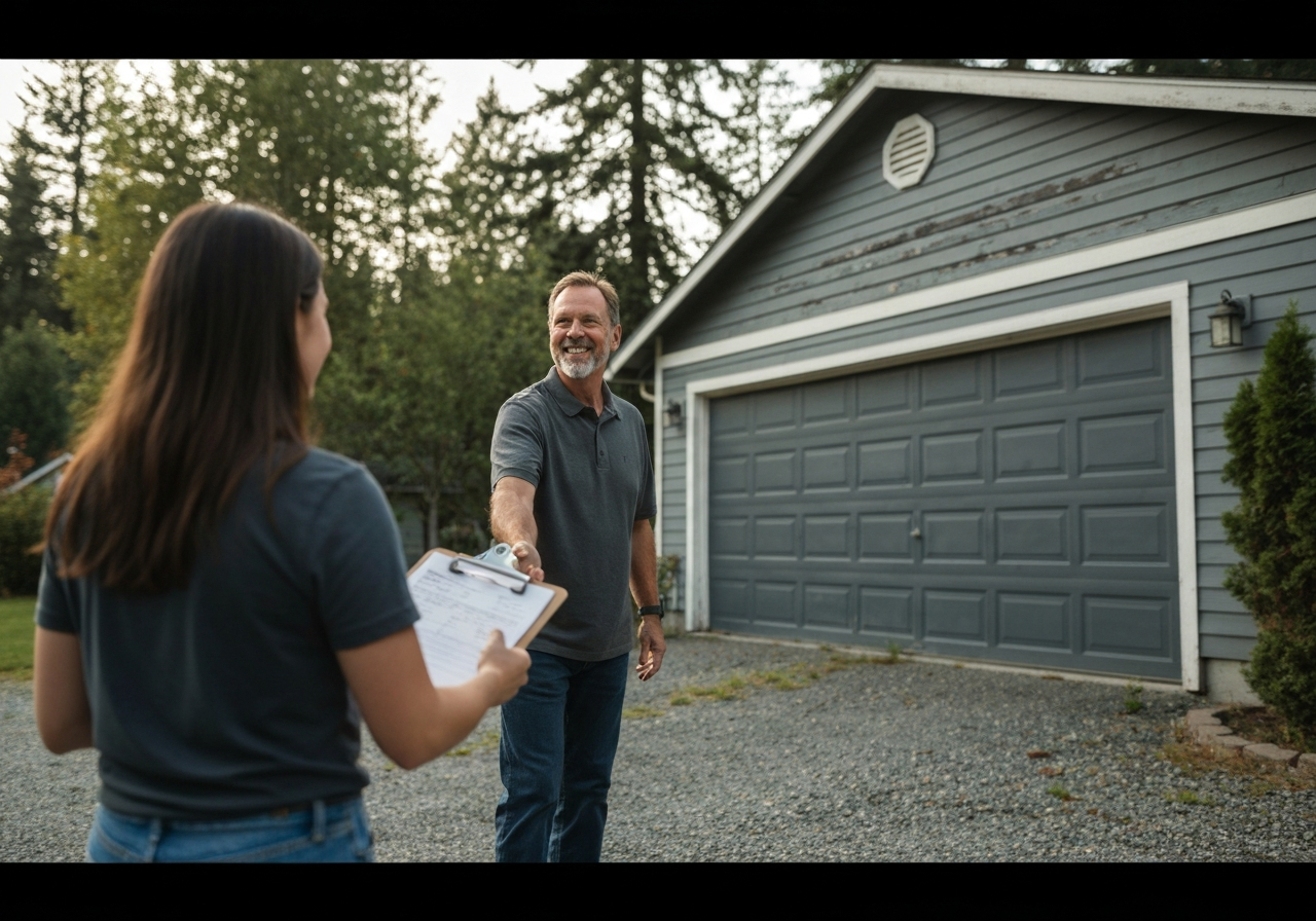 Photorealistic friendly handshake clipboard walk-through on a residential driveway in front of a garage in Northwest Montana
