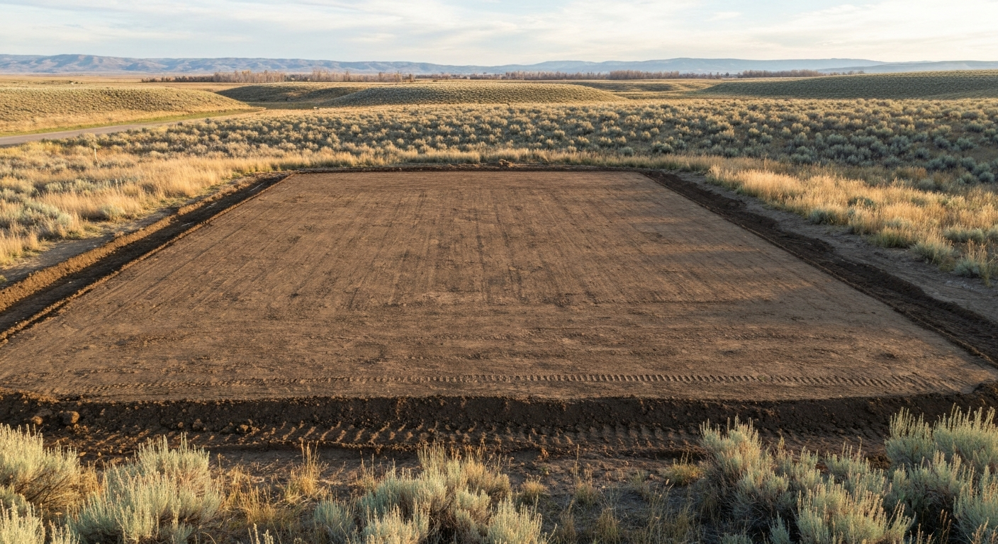 Photorealistic compacted dirt building pad ready for a shop