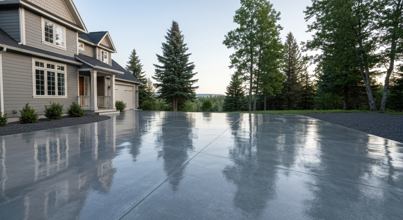 Sealed concrete driveway glistening on a Polson view-home