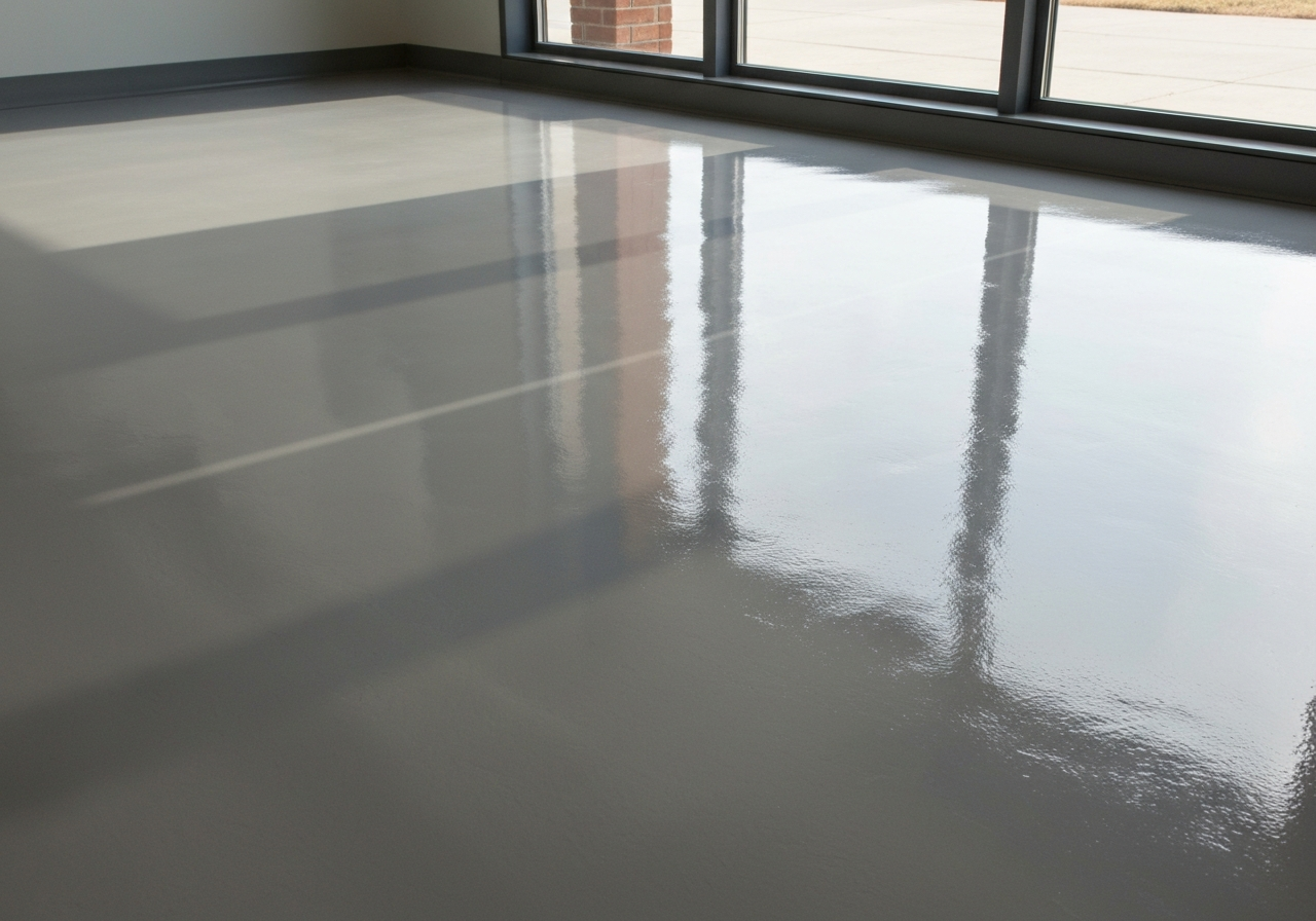 Glossy polyaspartic floor catching window light
