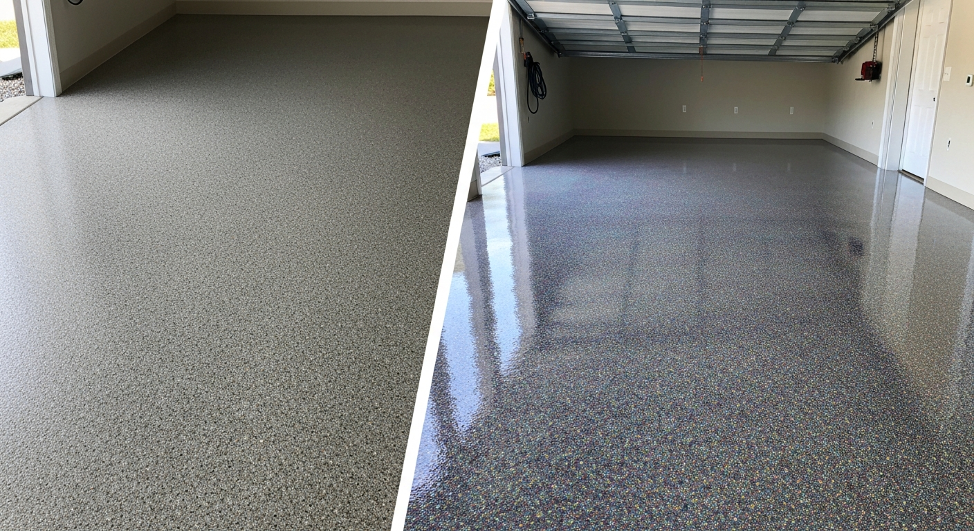 Split-frame photorealistic comparison: matte epoxy flake floor vs high-gloss polyaspartic flake floor
