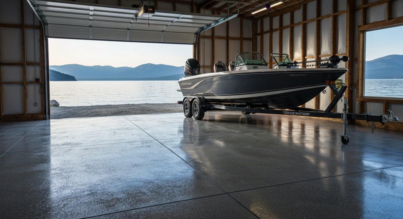 Photorealistic north-shore Somers garage with a boat on a trailer parked on a fresh gray flake-coated floor, Flathead Lake visible down the slope through the open door
