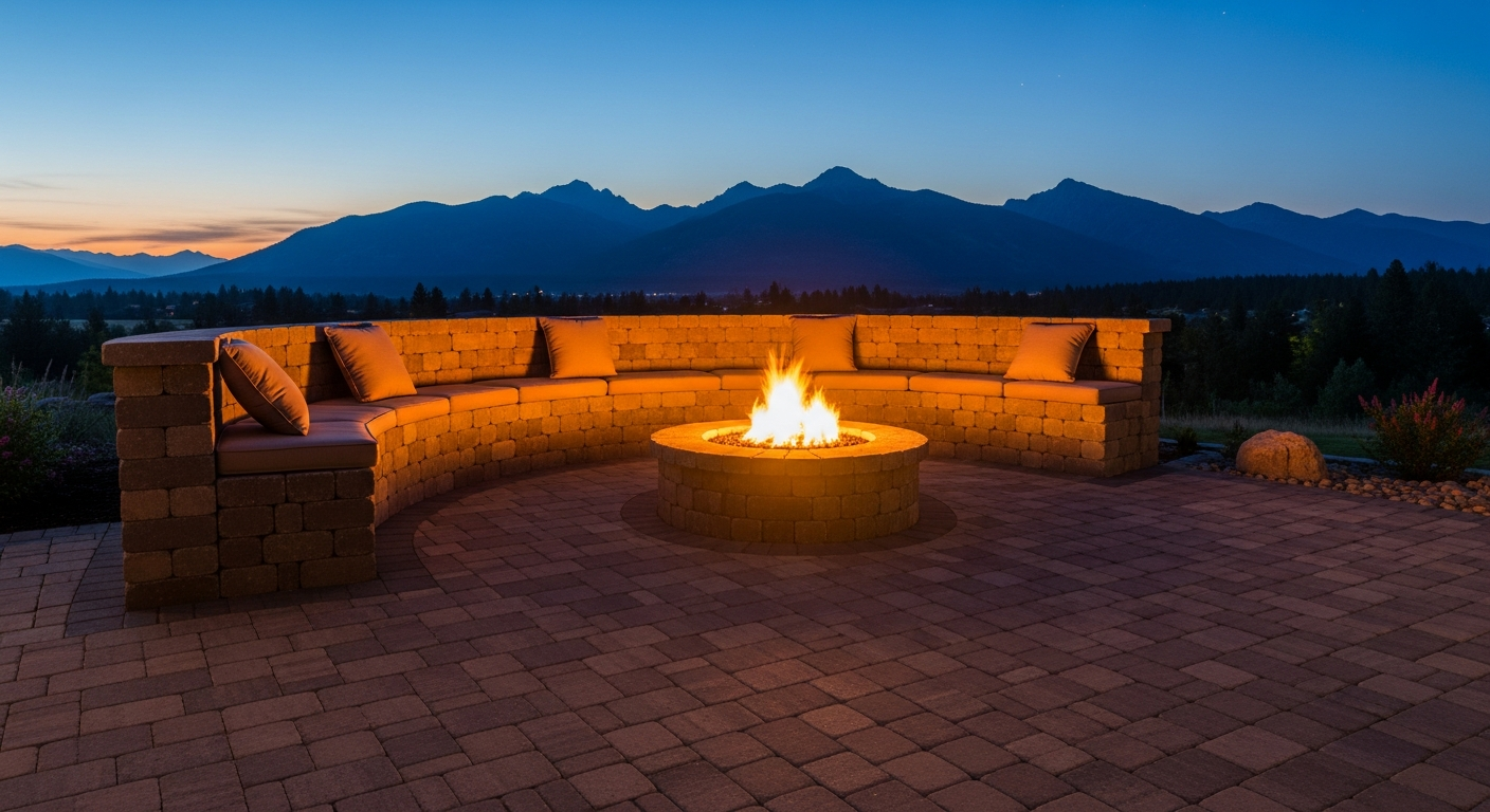 Finished paver patio with seating wall and fire pit at a Flathead Valley home at dusk