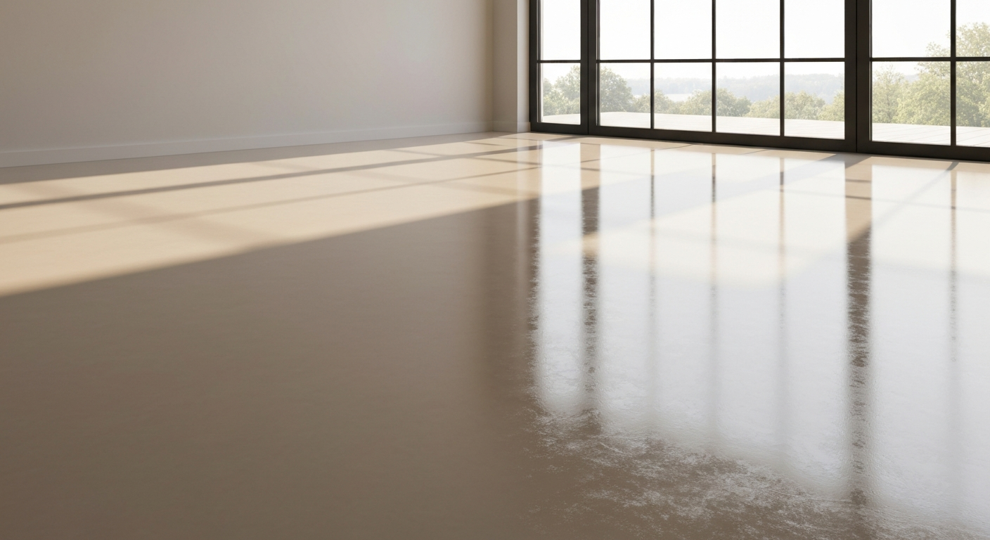 Glossy polyaspartic floor catching window light