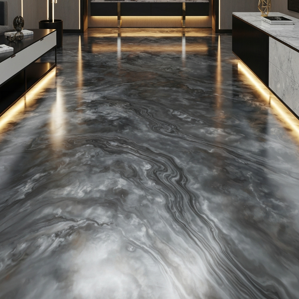 Photorealistic luxurious finished interior room with a silver-and-charcoal metallic epoxy floor with deep marble-like swirling movement