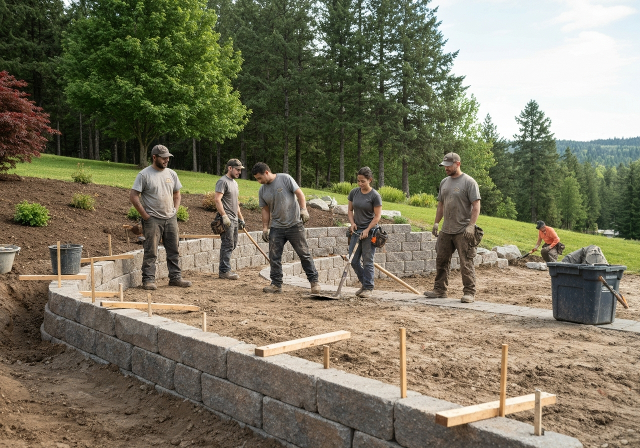 Landscaping crew installing retaining wall or patio on Columbia Falls property