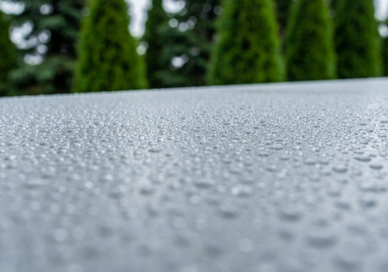 Water beading on sealed exterior concrete, close-up, evergreen bokeh