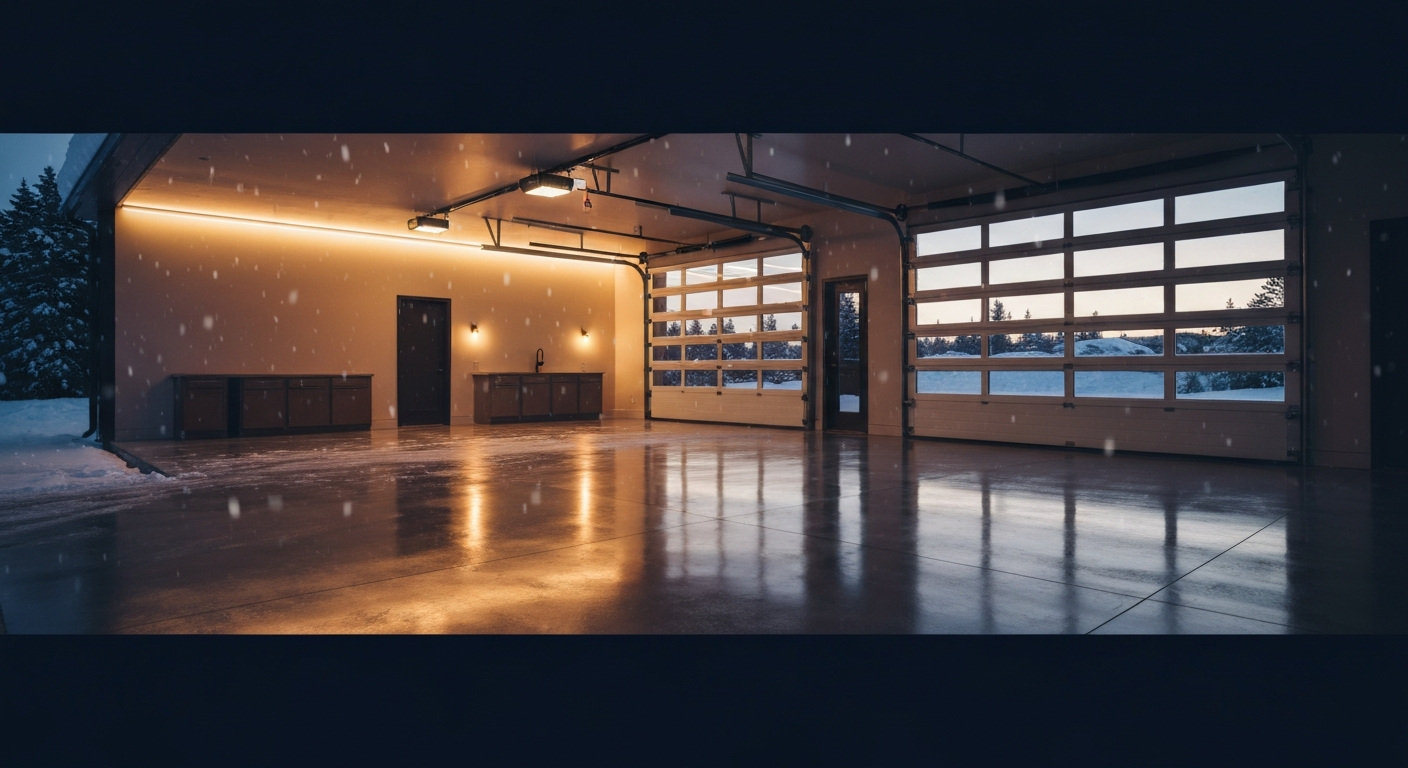 dusk premium garage interior with mirror-gloss flake floor reflecting warm light, snow falling past the open door