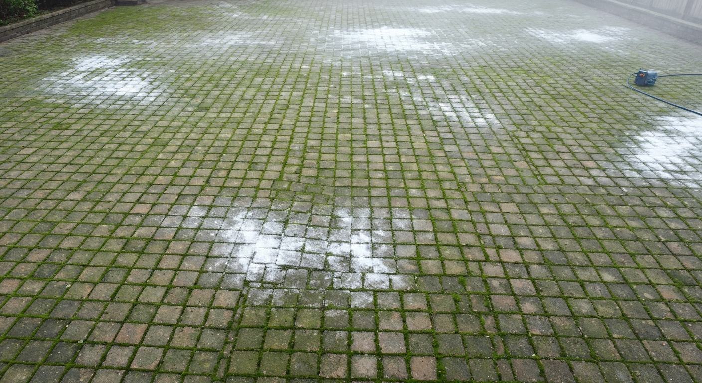 Paver patio with moss, algae, and white efflorescence haze before cleaning