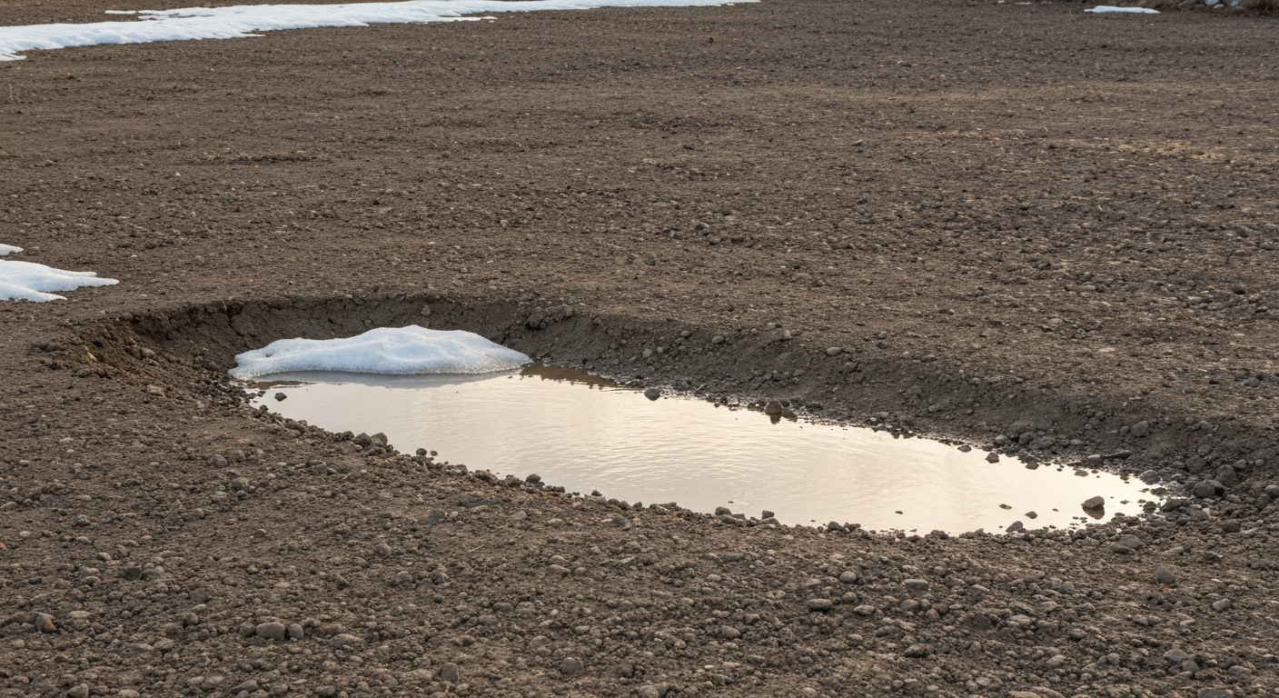 Rocky clay Flathead Valley yard with spring snowmelt runoff and poor drainage