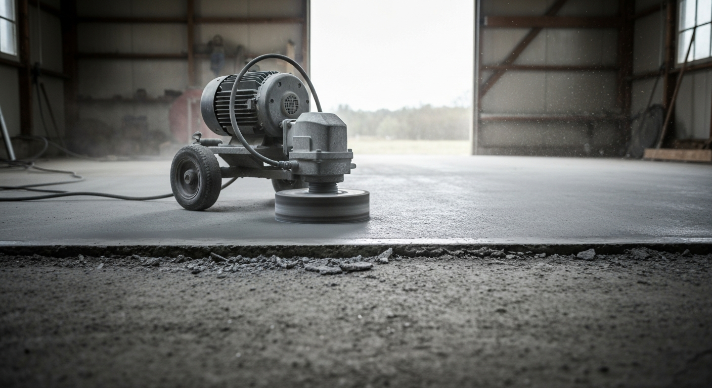 Grinder resurfacing a worn slab in a detached shop