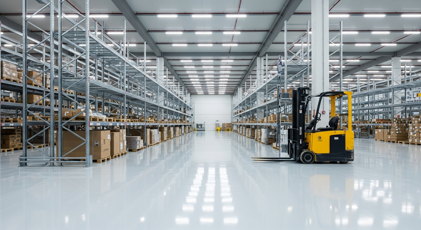 Interior of a clean modern warehouse with a light-gray high-gloss coated floor reflecting overhead LED lights