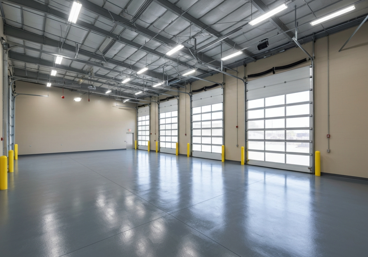 Commercial service bay with coated gray floor