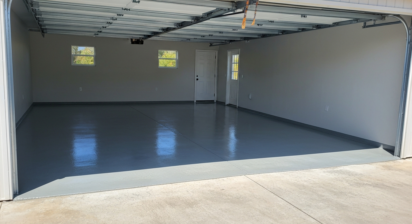 Freshly coated light-gray full-flake two-car garage floor in bright daylight, empty and clean