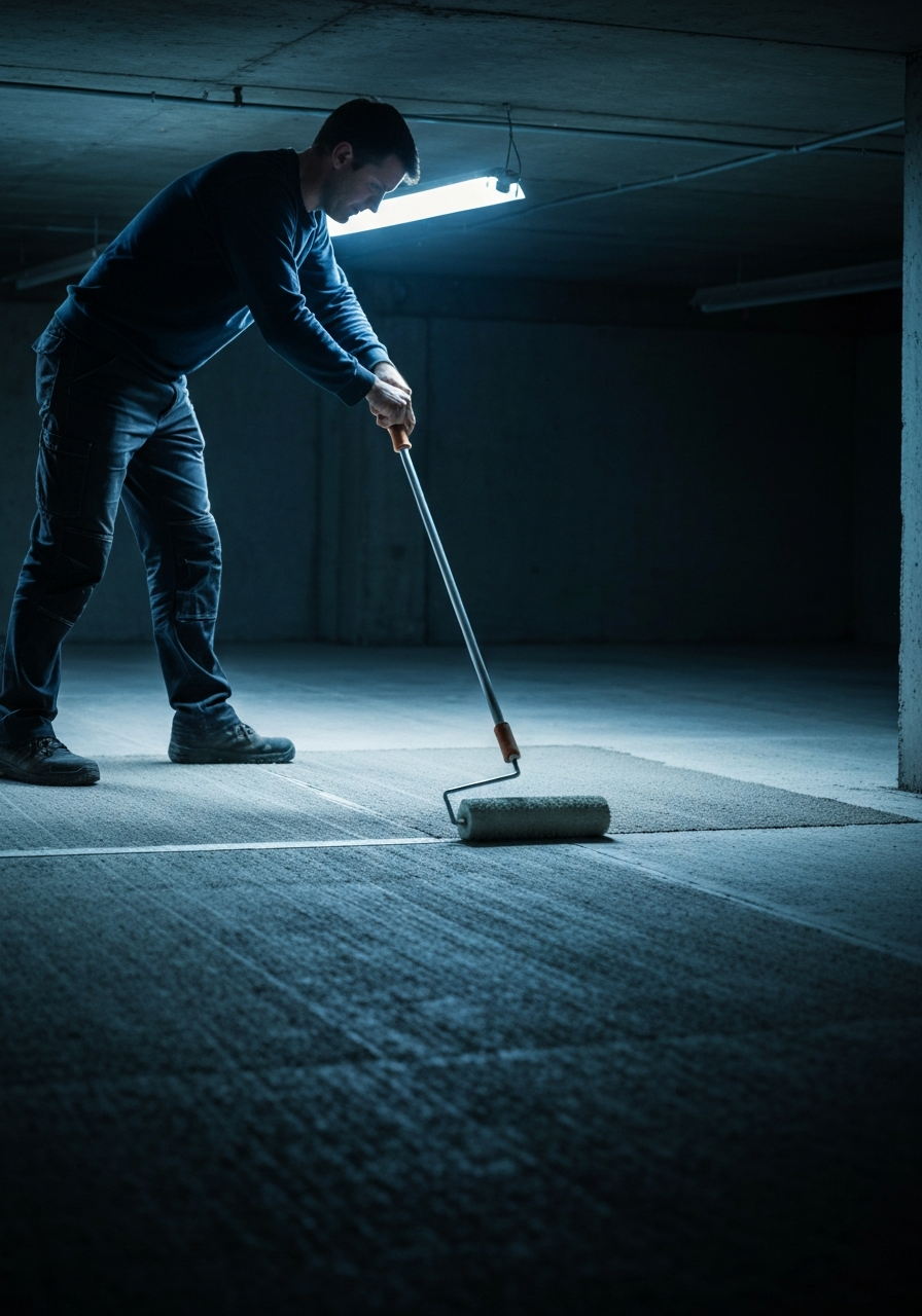 Technician applying a moisture-tolerant primer coat with a roller across a prepared basement slab
