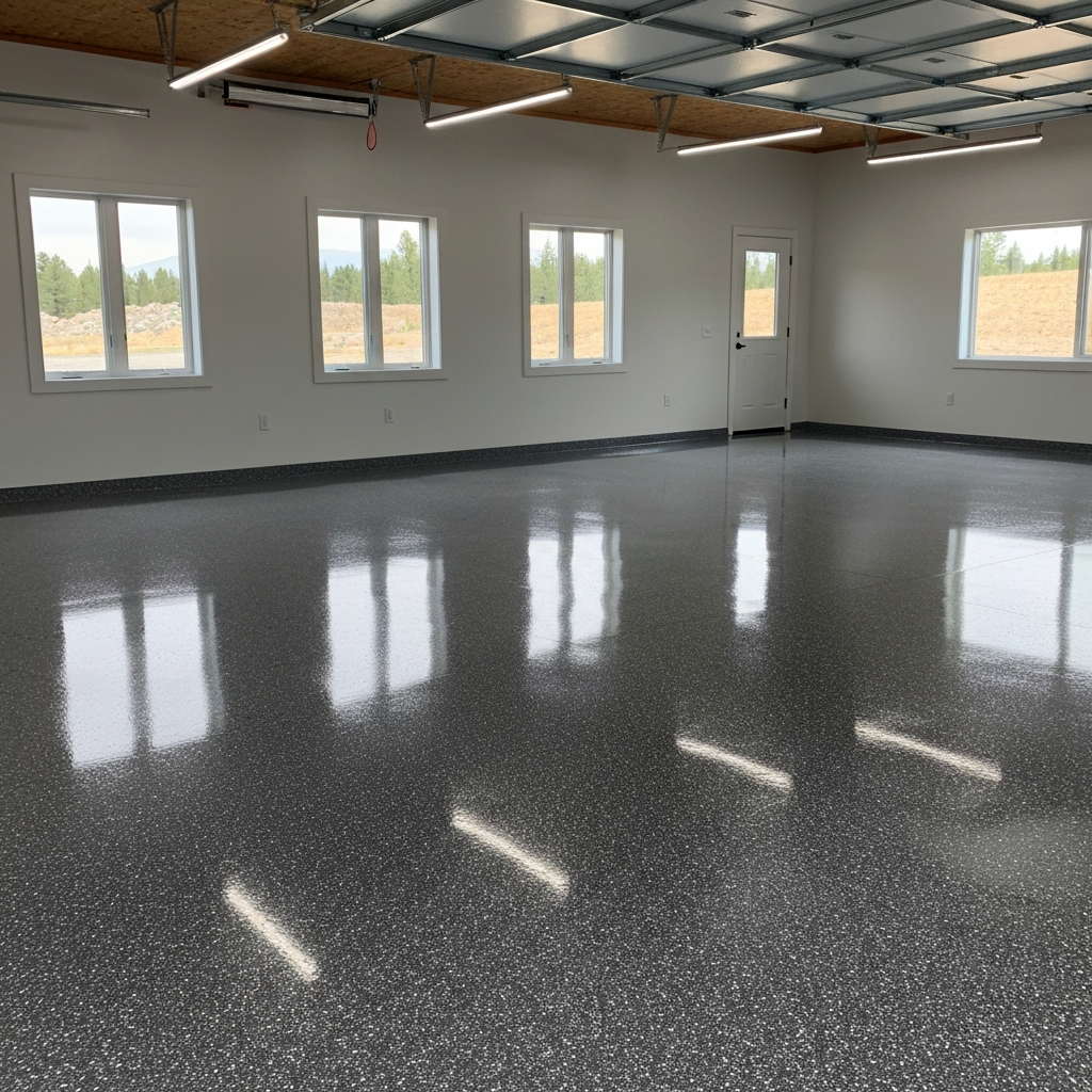 A clean bonded epoxy-flake garage floor in a residential Montana garage, glossy and seamless