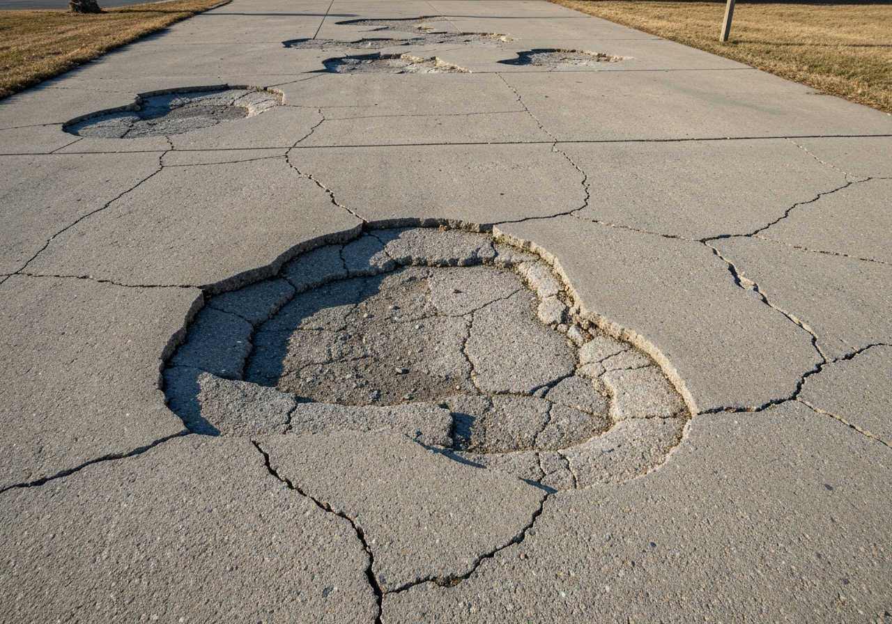 Cracked pitted unsealed concrete driveway with freeze-thaw spalling