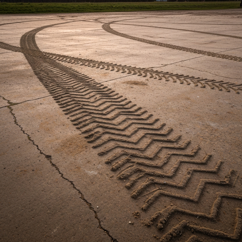 Worn Ronan farm shop slab showing diesel staining, fertilizer residue, surface dusting, and equipment tire tracks