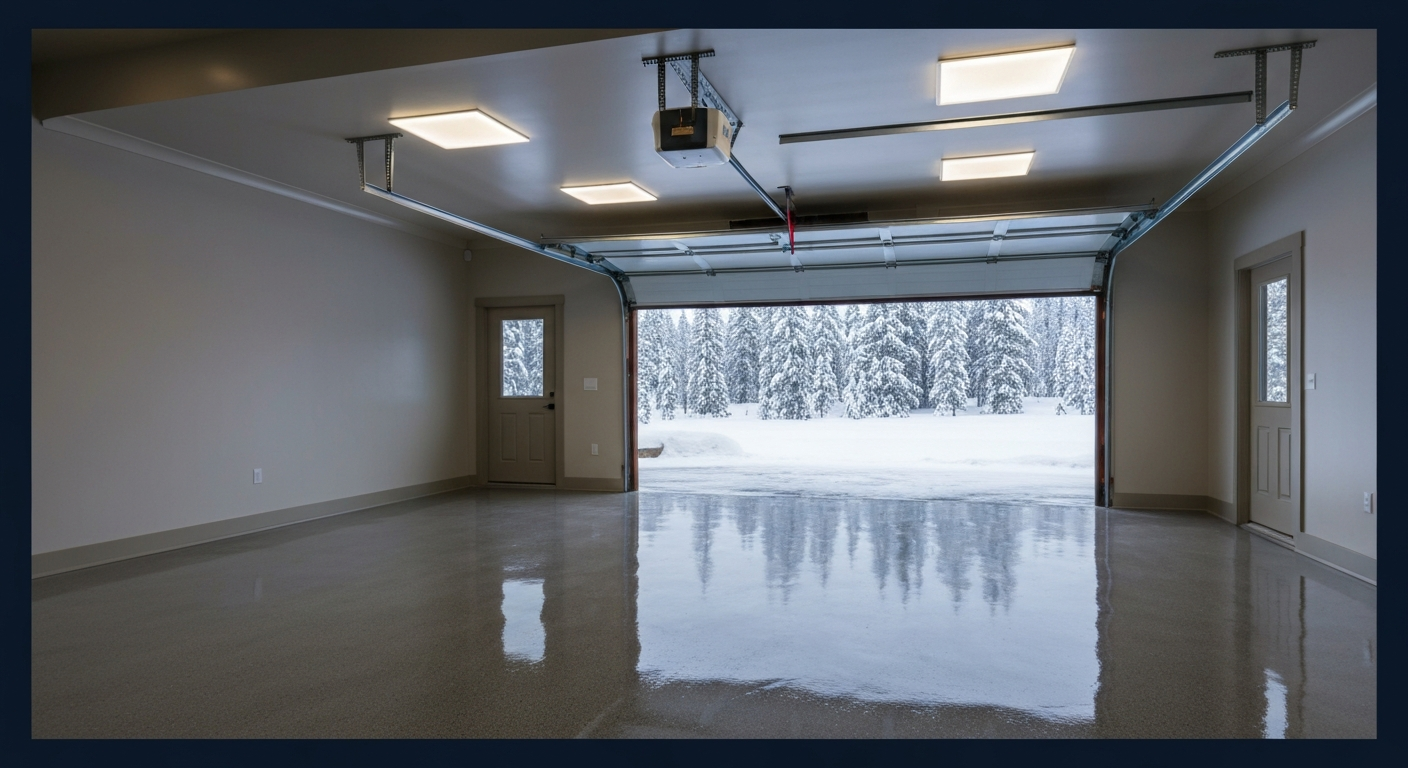 photorealistic high-gloss full-flake polyaspartic garage floor reflecting overhead LED light, premium home garage with two clean vehicle bays, door open to a snowy Montana treeline