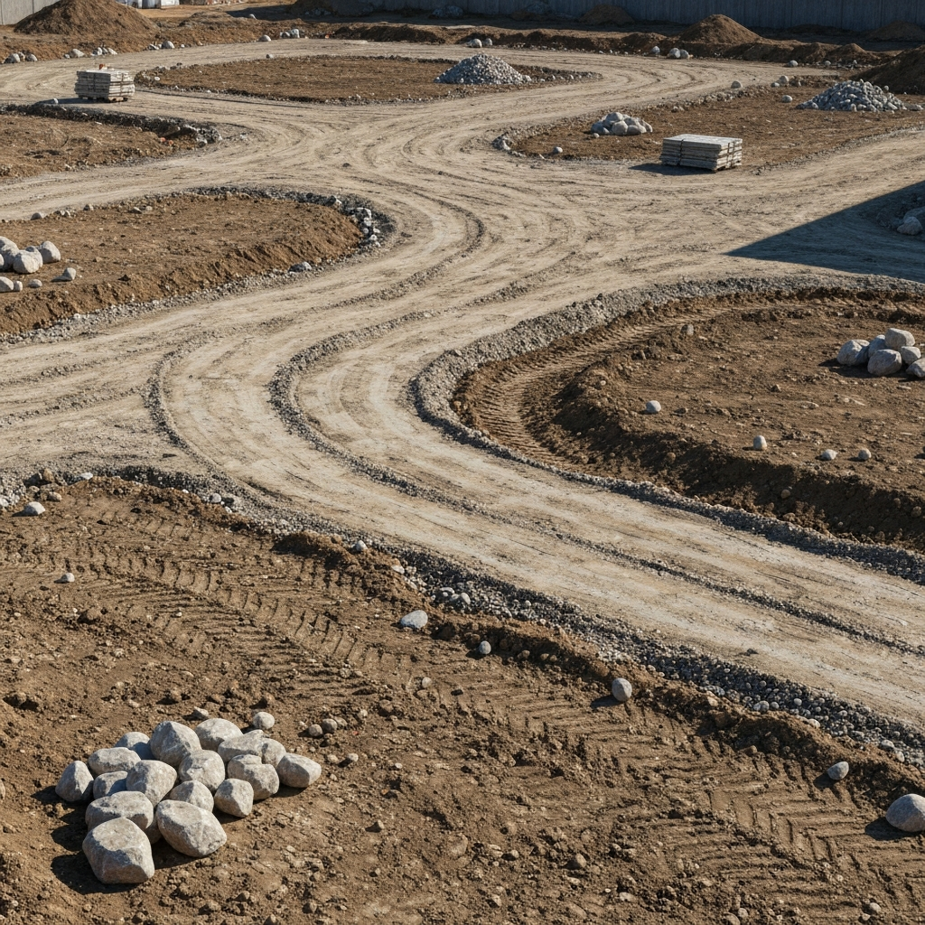 Rough, rutted, unfinished new-construction yard with compacted builder dirt, scattered rock, and debris