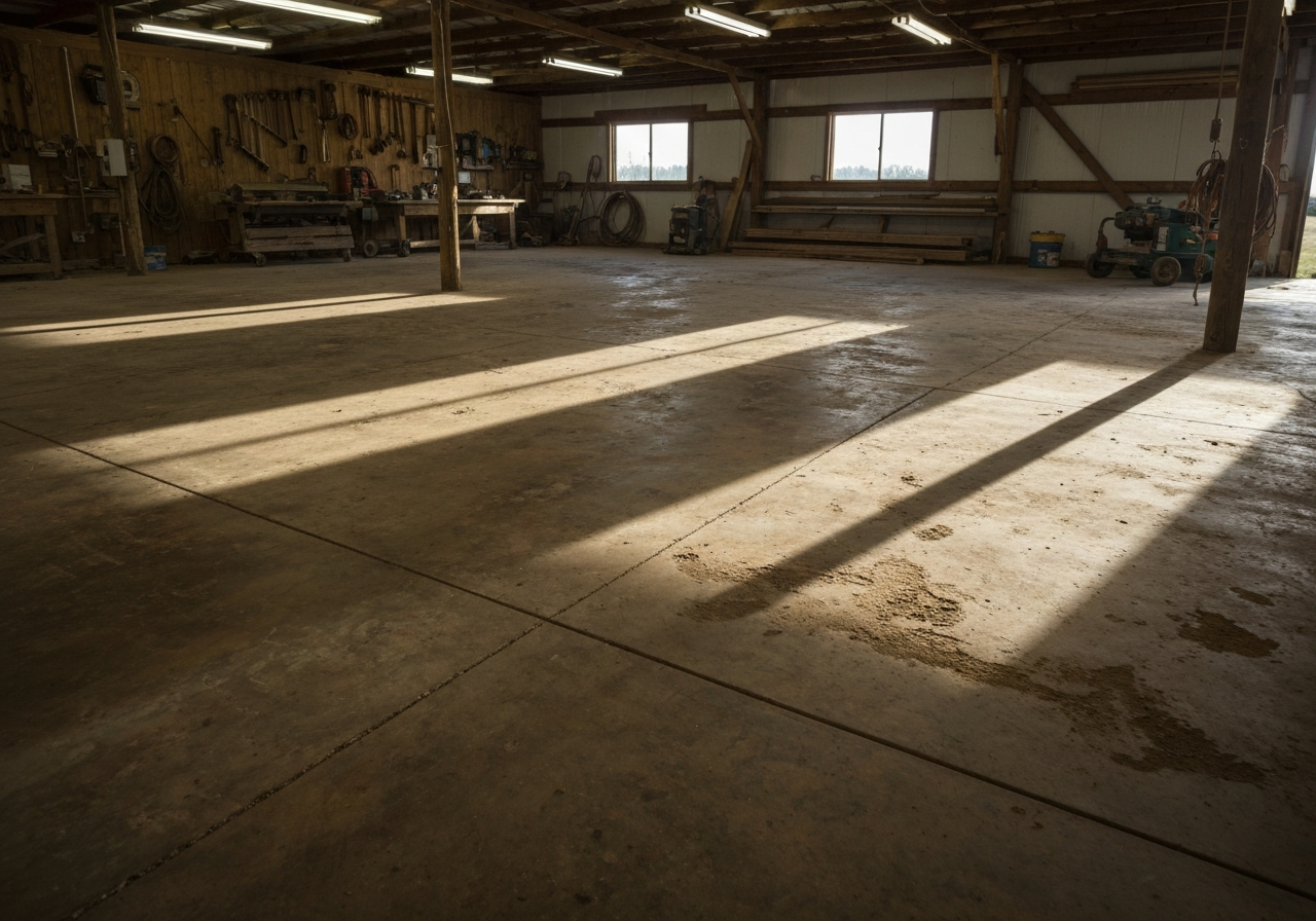 Dusty or stained concrete floor in a rural Marion shop or pole barn