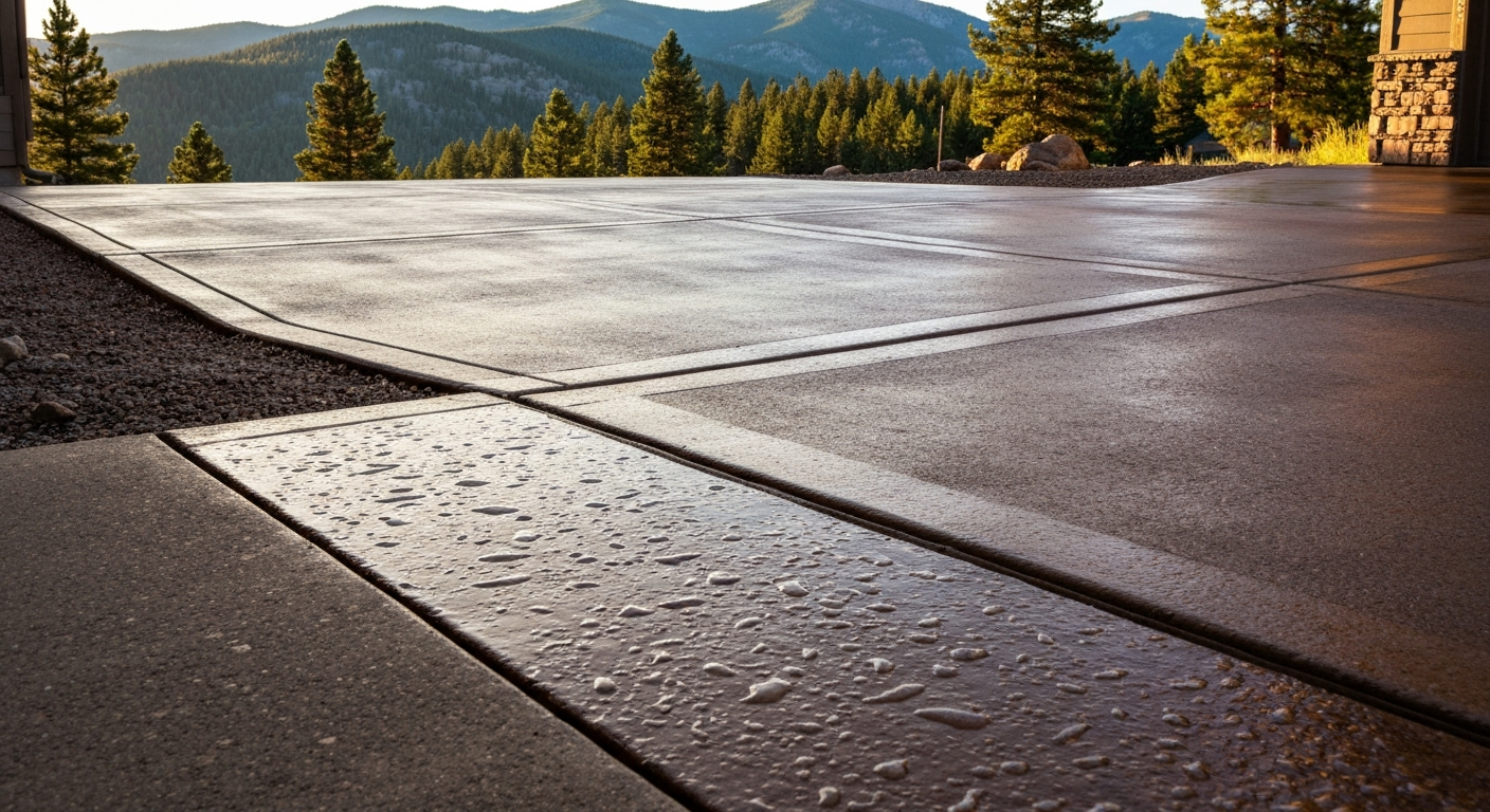Freshly sealed residential concrete driveway with water beading